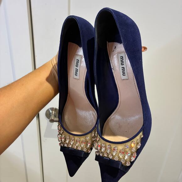 Miu Miu Navy Suede Embellished Pointy Heels Sz 39 - Picture 6 of 10